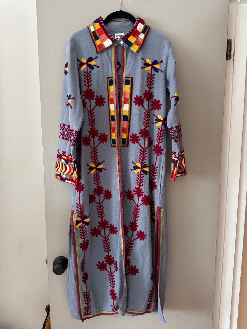 ANTRA Designs Size S Blue Embroidered Cotton Maxi Coat Dress / Kaftan – Boho Azt